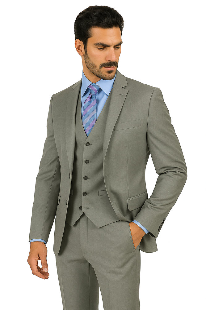 Mens Vested Slim Fit Wool Feel Suit in Medium Grey