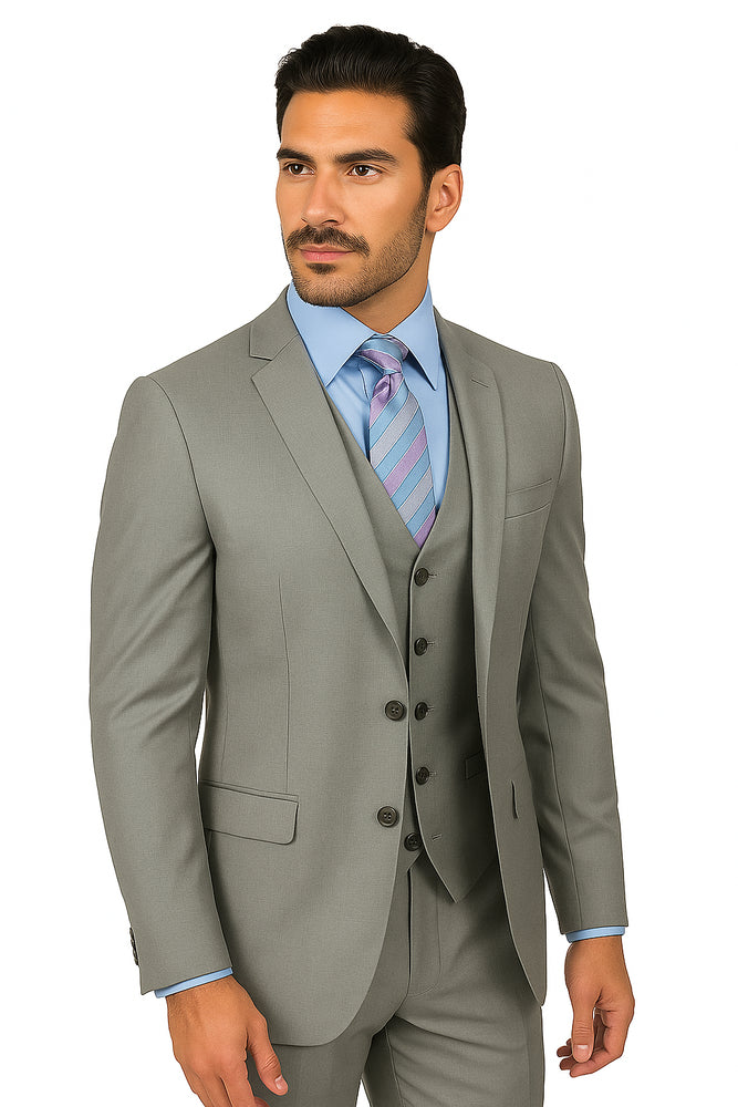 Mens Vested Slim Fit Wool Feel Suit in Medium Grey