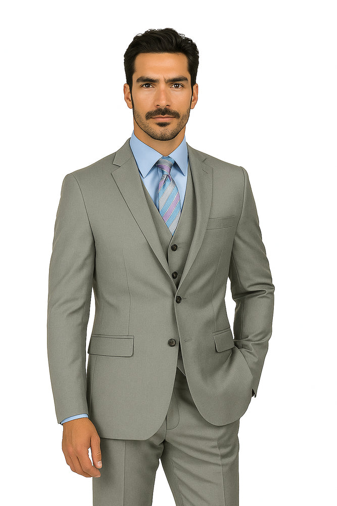 Mens Vested Slim Fit Wool Feel Suit in Medium Grey