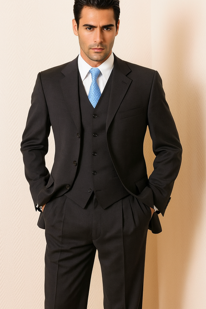 Men's Solid Dark Charcoal Gray Vested Super 140's Wool Vergin Marino Poly~Rayon Vented Three Buttons Style suit