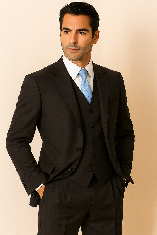 Men's Solid Dark Charcoal Gray Vested Super 140's Wool Vergin Marino Poly~Rayon Vented Three Buttons Style suit