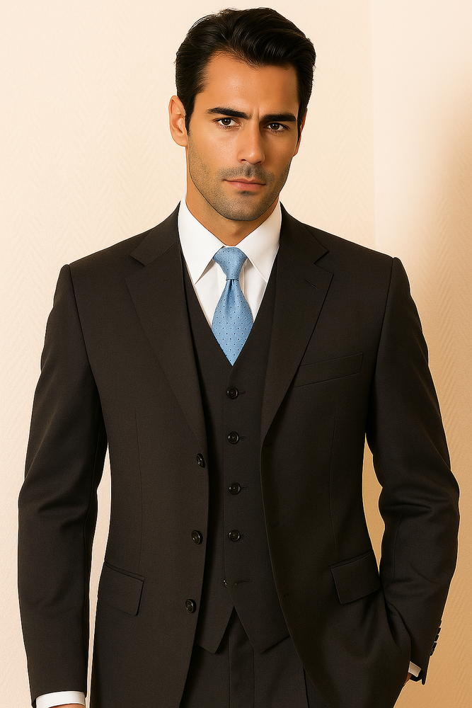 Men's Solid Dark Charcoal Gray Vested Super 140's Wool Vergin Marino Poly~Rayon Vented Three Buttons Style suit
