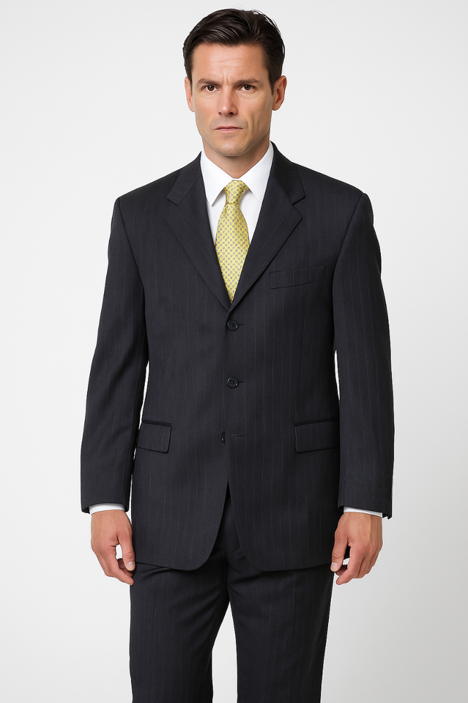 Dark Charcoal Multi Pinstripe Business Cheap Priced Business Suits Clearance Sale Super 120's Wool Available in 2 or 3 Buttons Style Regular Classic Cut non back vent coat style c