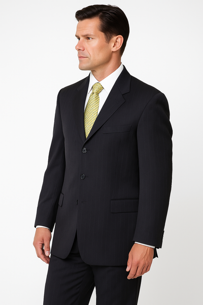 Dark Charcoal Multi Pinstripe Business Cheap Priced Business Suits Clearance Sale Super 120's Wool Available in 2 or 3 Buttons Style Regular Classic Cut non back vent coat style c