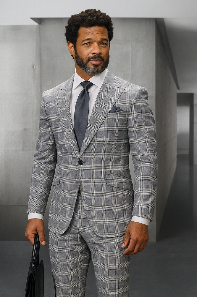 Statement Suits - Wool Suits - Peak Lapel Suits - Ticket Pocket - Modern Fit - Grey Plaid Suit
