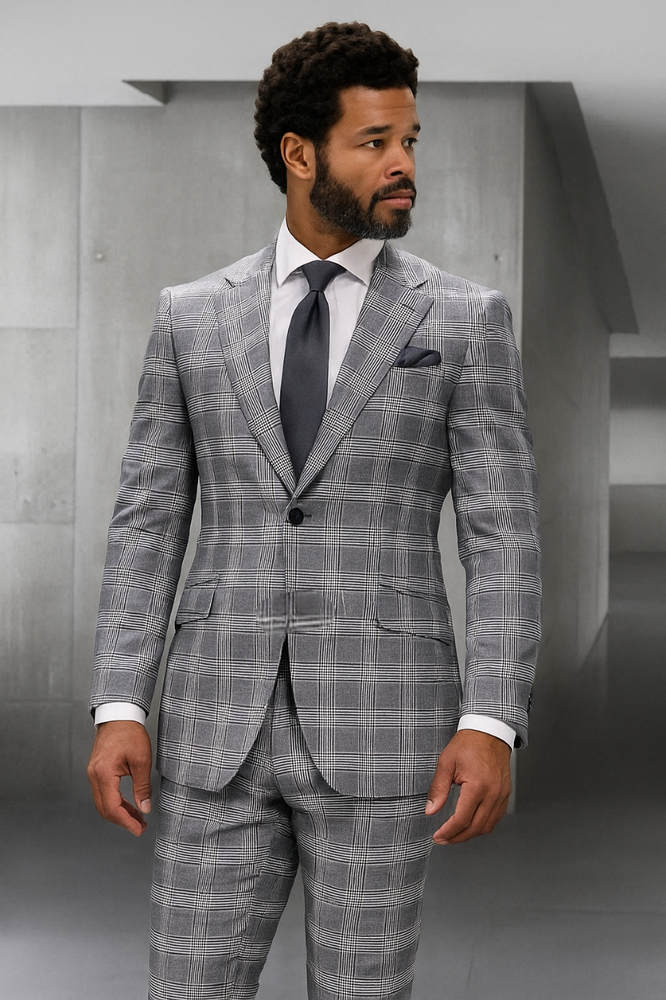 Statement Suits - Wool Suits - Peak Lapel Suits - Ticket Pocket - Modern Fit - Grey Plaid Suit