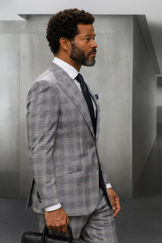 Statement Suits - Wool Suits - Peak Lapel Suits - Ticket Pocket - Modern Fit - Grey Plaid Suit