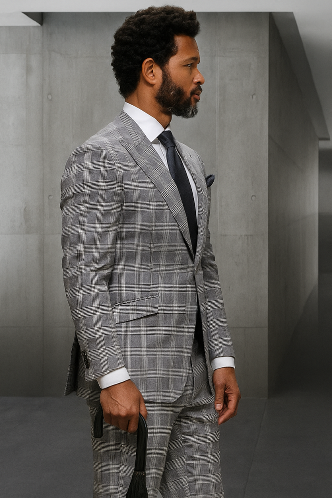Statement Suits - Wool Suits - Peak Lapel Suits - Ticket Pocket - Modern Fit - Grey Plaid Suit