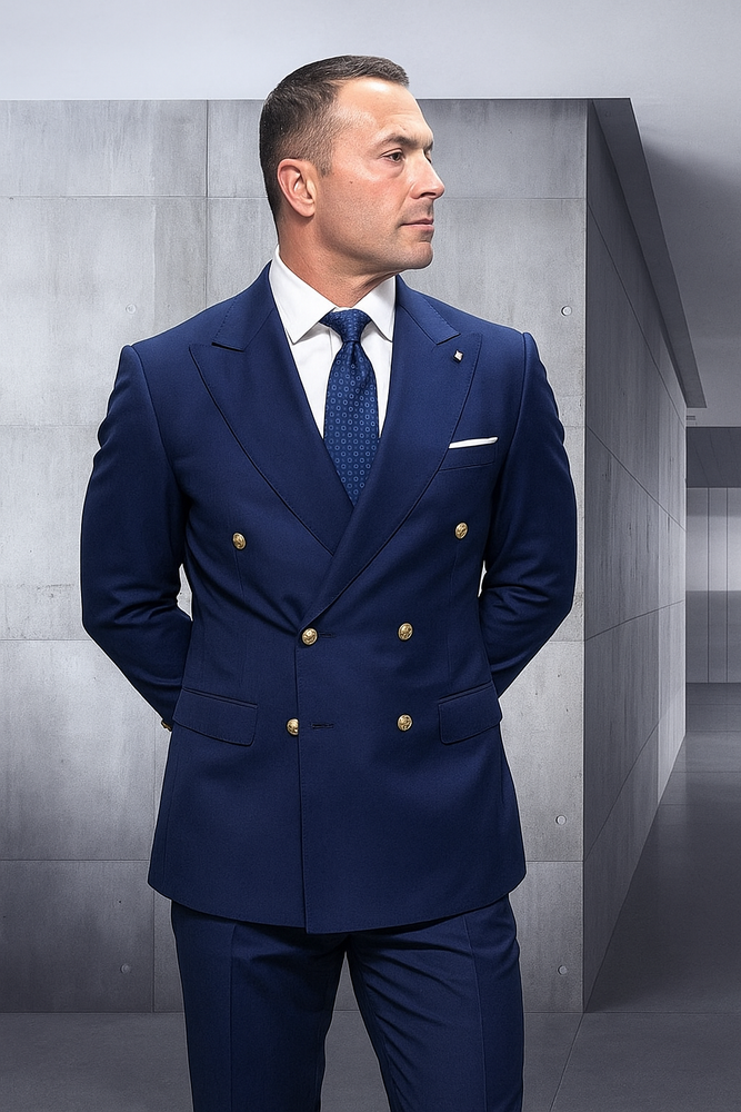 Mens 100% Wool 2 Piece Suit - Wide Peak Lapel Sapphire