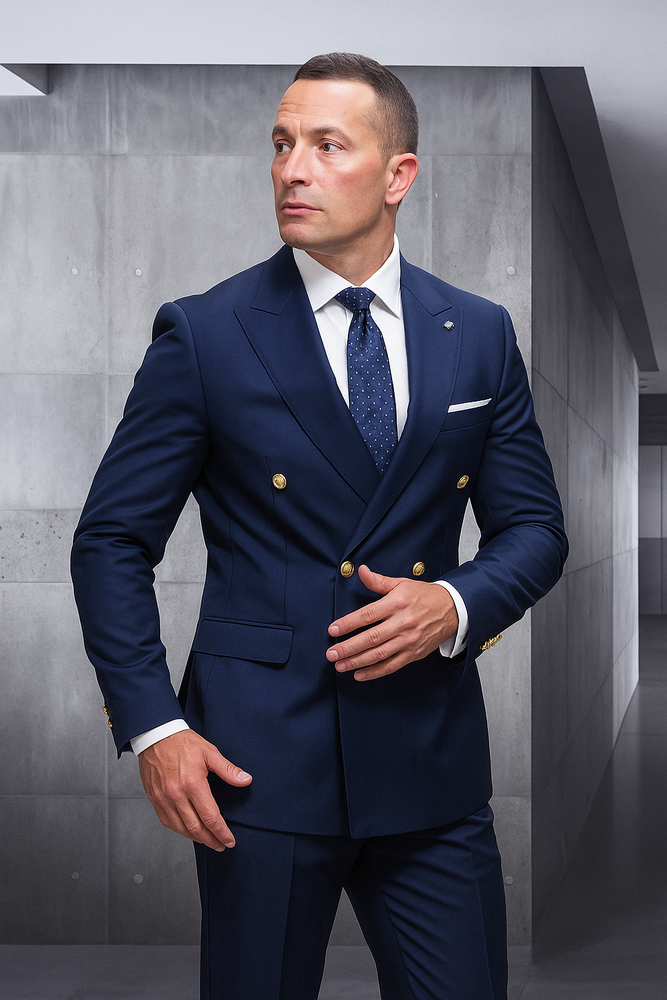 Mens 100% Wool 2 Piece Suit - Wide Peak Lapel Sapphire