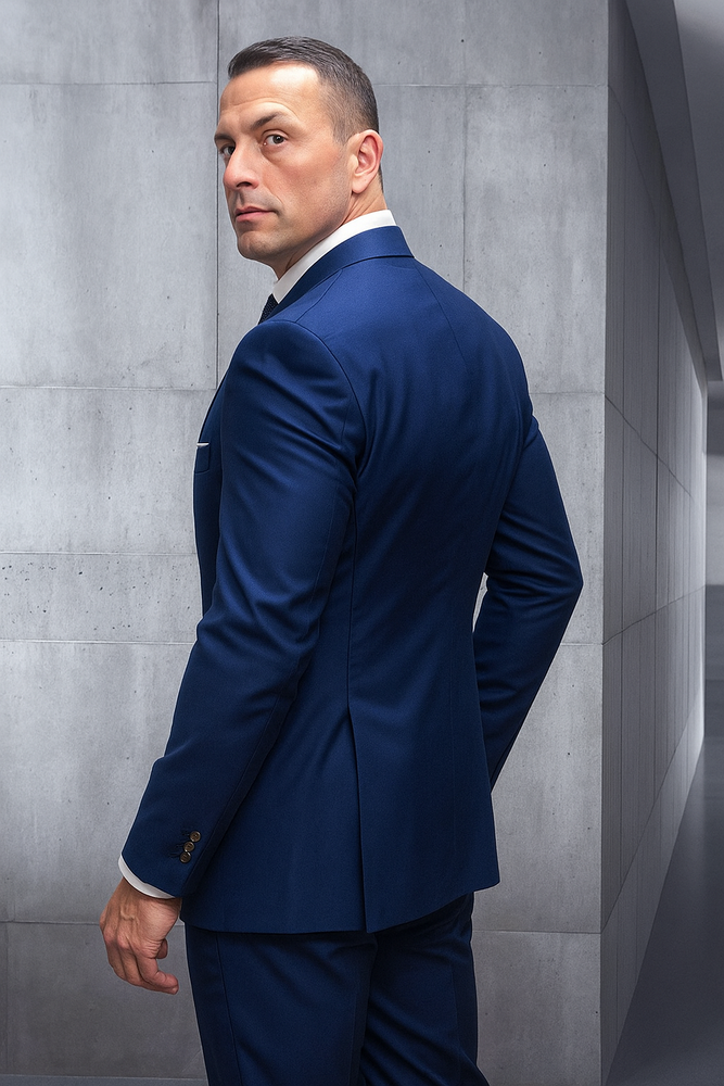 Mens 100% Wool 2 Piece Suit - Wide Peak Lapel Sapphire