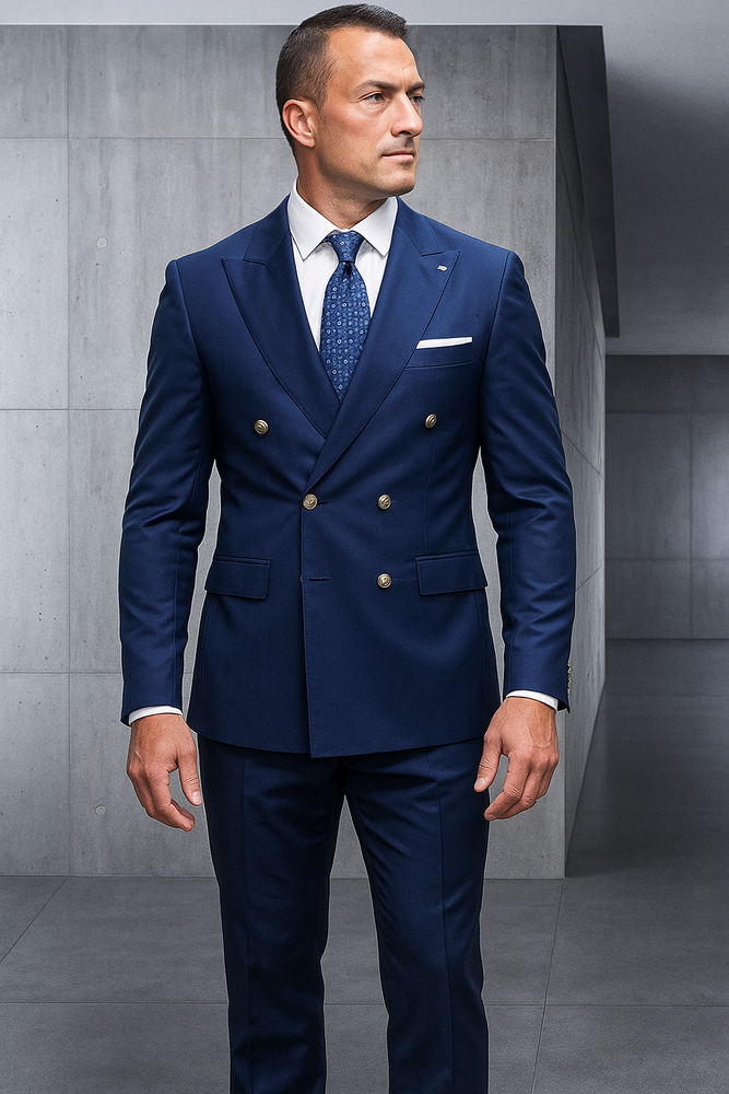 Mens 100% Wool 2 Piece Suit - Wide Peak Lapel Sapphire