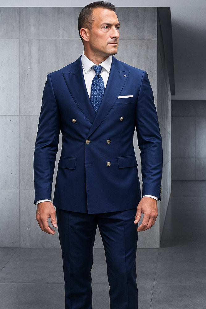 Mens 100% Wool 2 Piece Suit - Wide Peak Lapel Sapphire