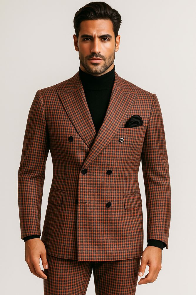 Steve Harvey Suits - Gray and Burnt Rust Checkered Suit - Plaid Textured Pattern Suit  Modern Fit