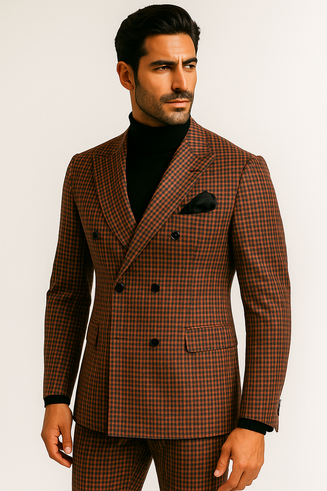 Steve Harvey Suits - Gray and Burnt Rust Checkered Suit - Plaid Textured Pattern Suit  Modern Fit