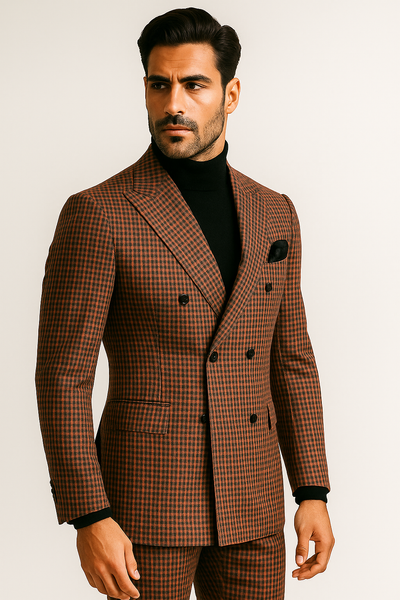 Steve Harvey Suits - Gray and Burnt Rust Checkered Suit - Plaid Textured Pattern Suit  Modern Fit
