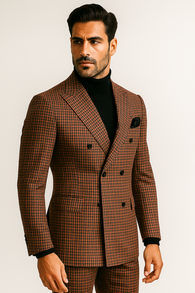 Steve Harvey Suits - Gray and Burnt Rust Checkered Suit - Plaid Textured Pattern Suit  Modern Fit