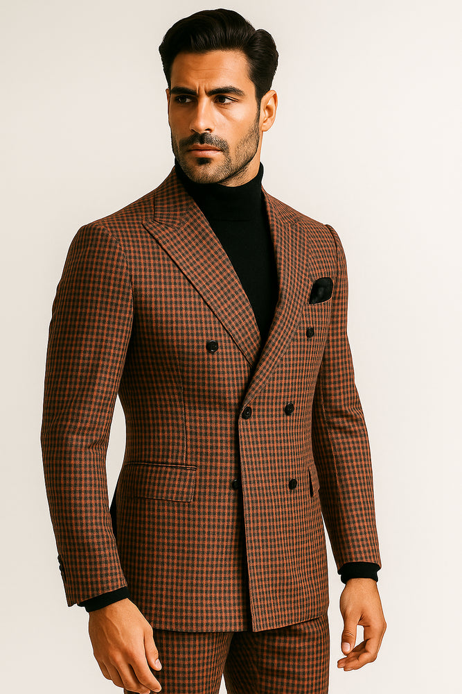 Steve Harvey Suits - Gray and Burnt Rust Checkered Suit - Plaid Textured Pattern Suit  Modern Fit
