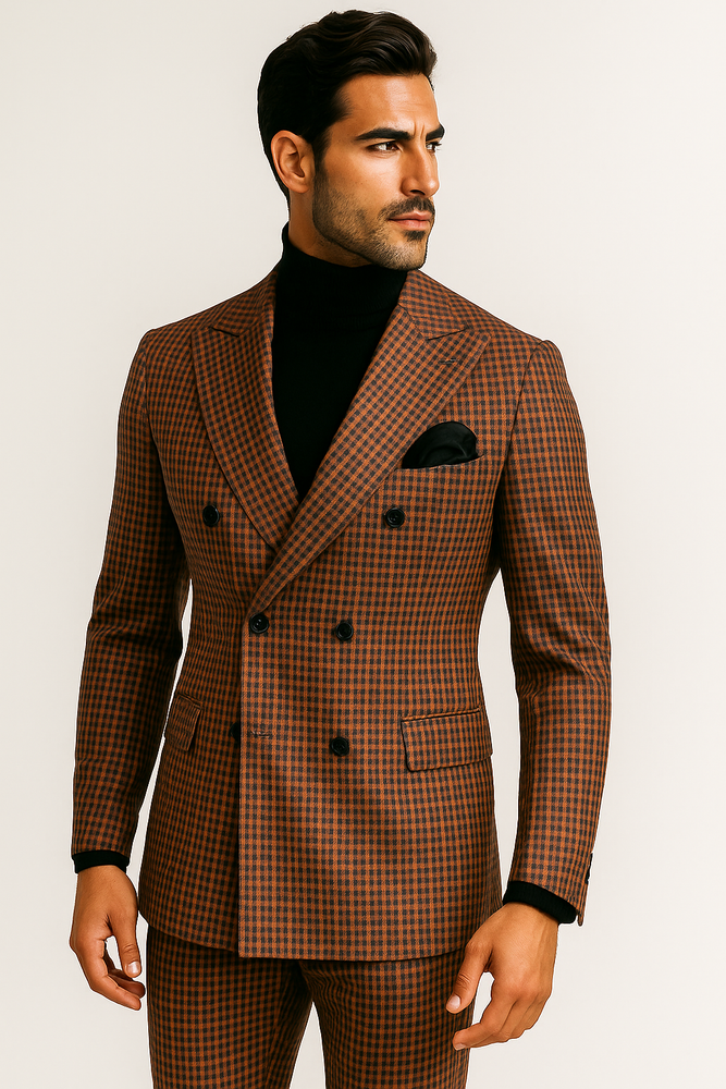 Steve Harvey Suits - Gray and Burnt Rust Checkered Suit - Plaid Textured Pattern Suit  Modern Fit