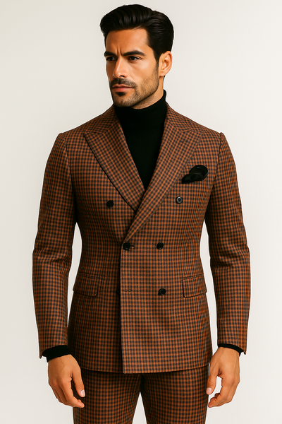 Steve Harvey Suits - Gray and Burnt Rust Checkered Suit - Plaid Textured Pattern Suit  Modern Fit