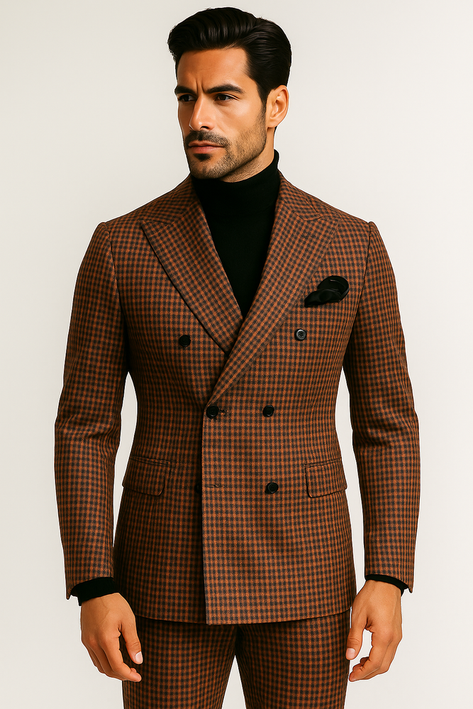 Steve Harvey Suits - Gray and Burnt Rust Checkered Suit - Plaid Textured Pattern Suit  Modern Fit