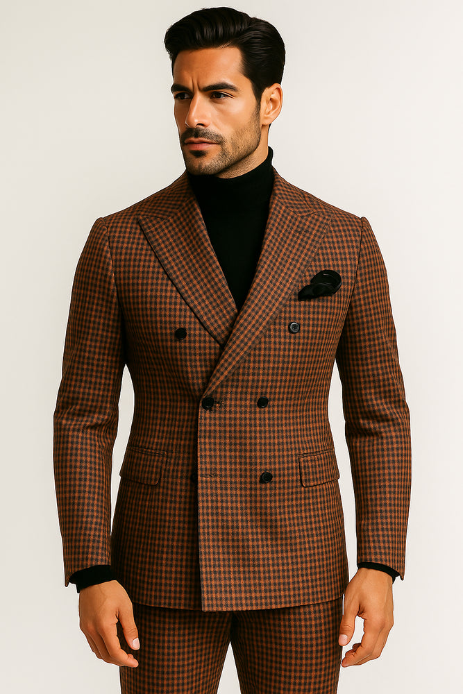 Steve Harvey Suits - Gray and Burnt Rust Checkered Suit - Plaid Textured Pattern Suit  Modern Fit