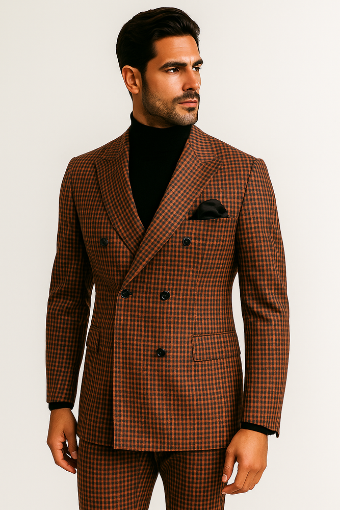 Steve Harvey Suits - Gray and Burnt Rust Checkered Suit - Plaid Textured Pattern Suit  Modern Fit