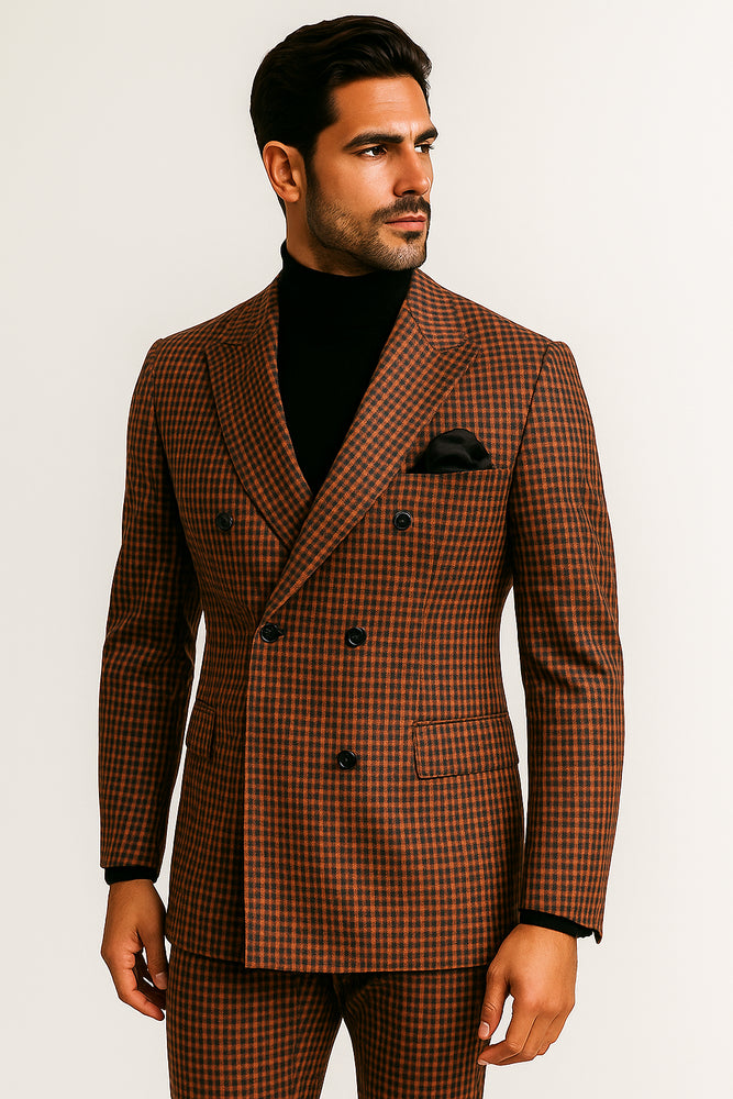 Steve Harvey Suits - Gray and Burnt Rust Checkered Suit - Plaid Textured Pattern Suit  Modern Fit