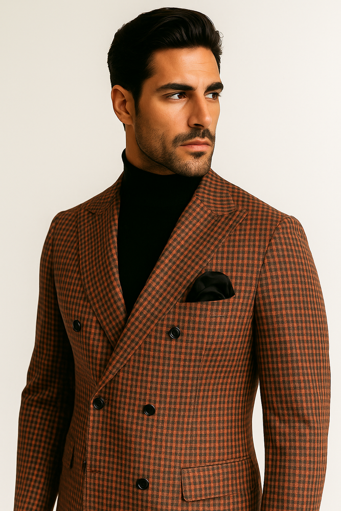 Steve Harvey Suits - Gray and Burnt Rust Checkered Suit - Plaid Textured Pattern Suit  Modern Fit
