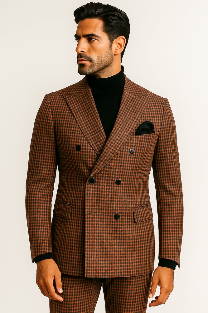 Steve Harvey Suits - Gray and Burnt Rust Checkered Suit - Plaid Textured Pattern Suit  Modern Fit