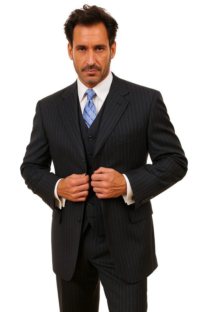 100% Wool Vested Dark Navy Blue Suit For Men