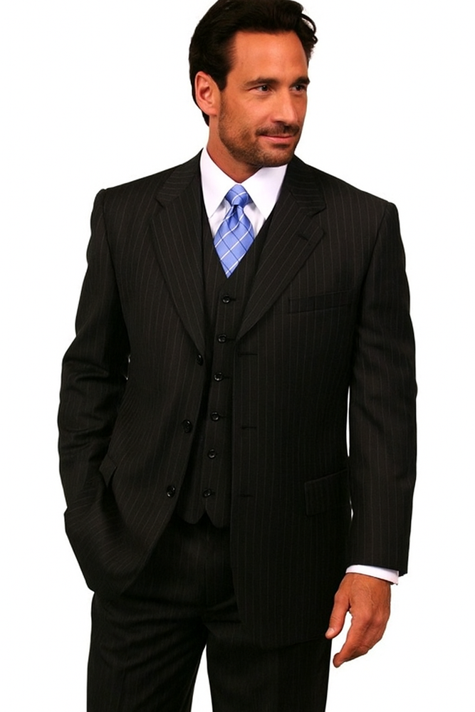 100% Wool Vested Dark Navy Blue Suit For Men