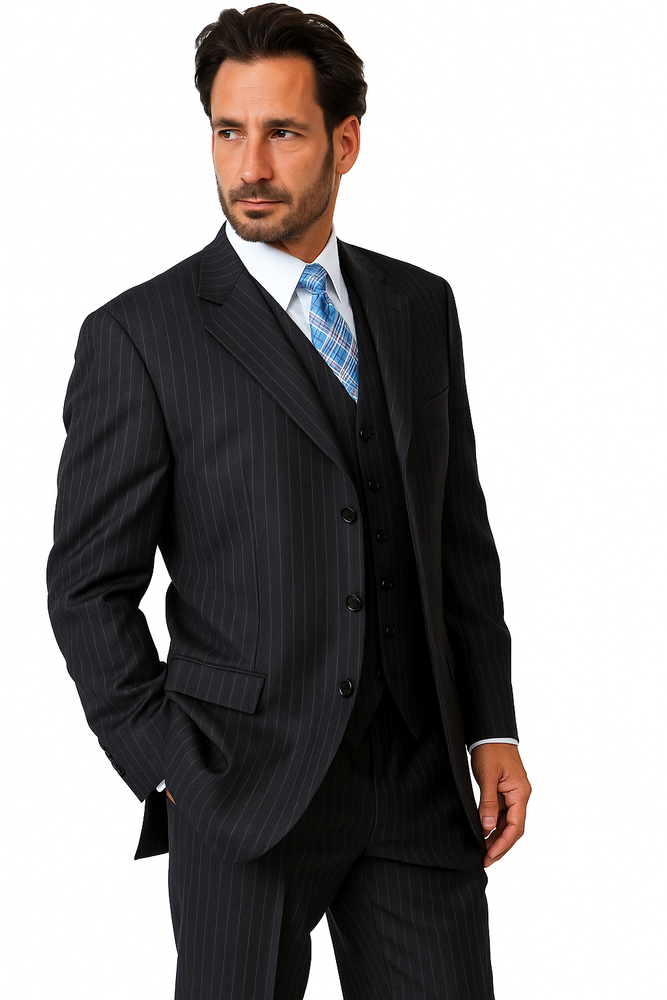 100% Wool Vested Dark Navy Blue Suit For Men