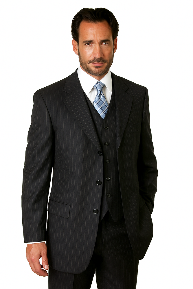100% Wool Vested Dark Navy Blue Suit For Men