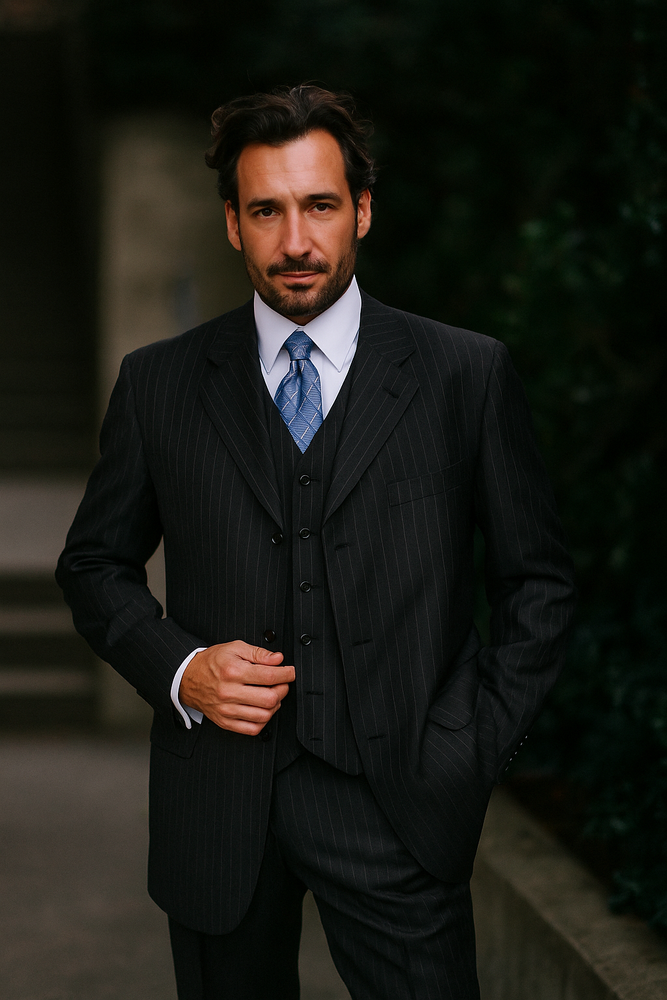 100% Wool Vested Dark Navy Blue Suit For Men