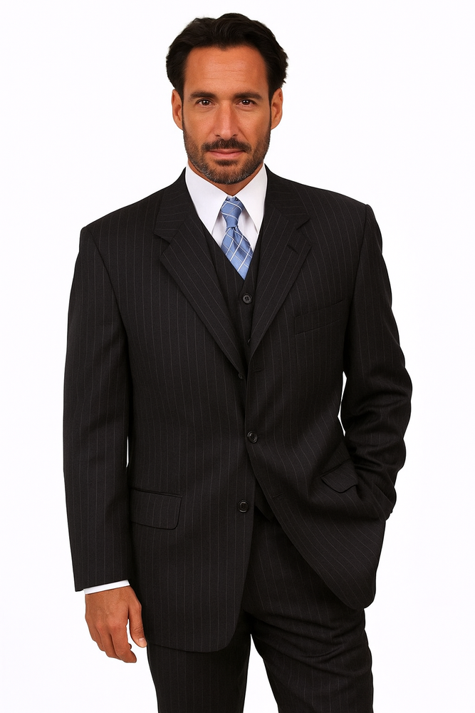 100% Wool Vested Dark Navy Blue Suit For Men