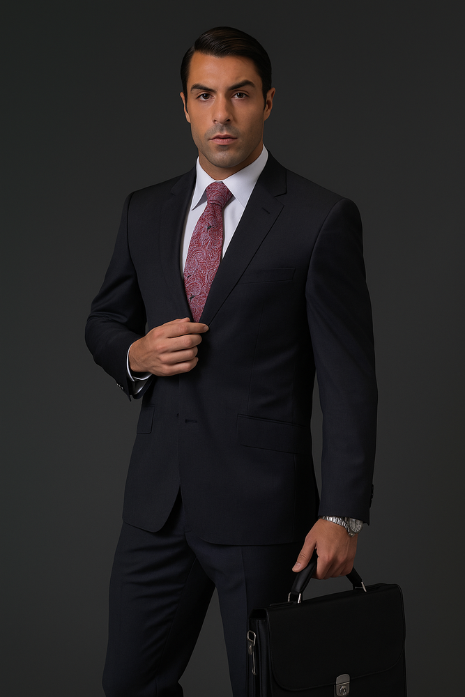 Cut Style Jacket & Pants CLASSIC SLIM FIT 2 PIECE 2 BUTTON DARK NAVY Men's SUIT Pick Stitched 100% Super 150'S Wool