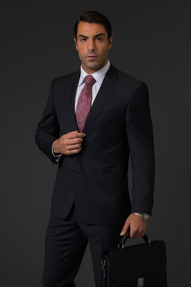 Cut Style Jacket & Pants CLASSIC SLIM FIT 2 PIECE 2 BUTTON DARK NAVY Men's SUIT Pick Stitched 100% Super 150'S Wool