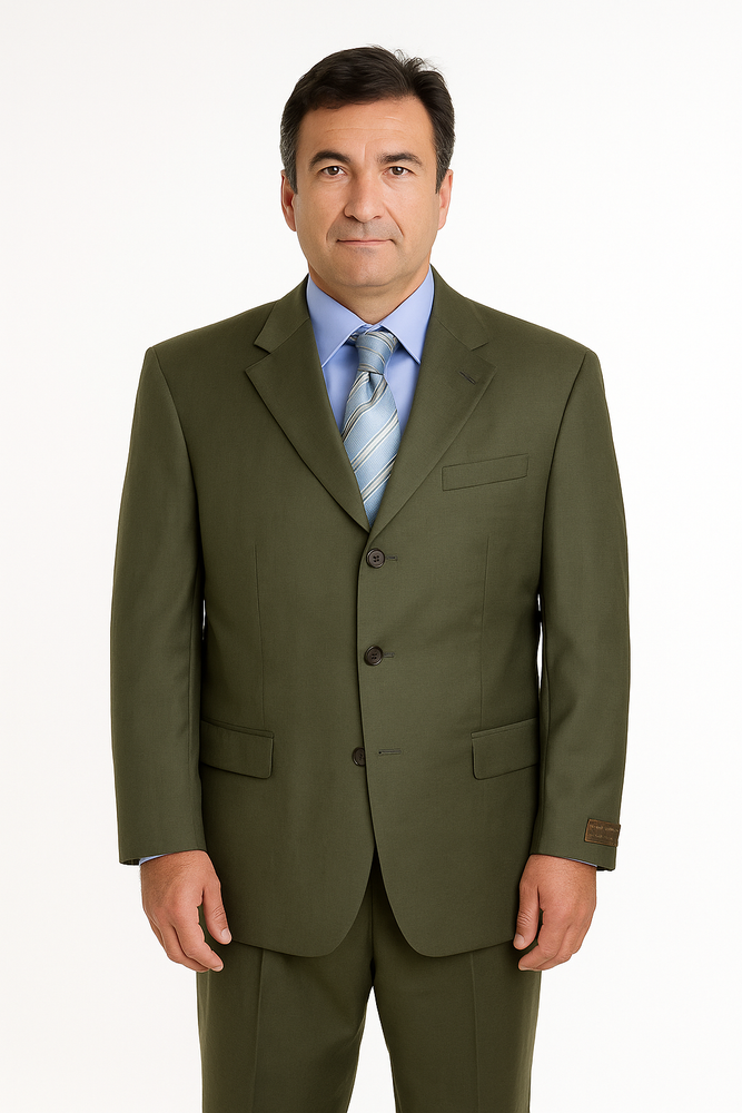 Forest Olive Green Men's Busines Cheap Priced Business Suits Clearance Sale In Super 130'S Marina Wool Available In 2 Or 3 Buttons Style Regular Classic Cut