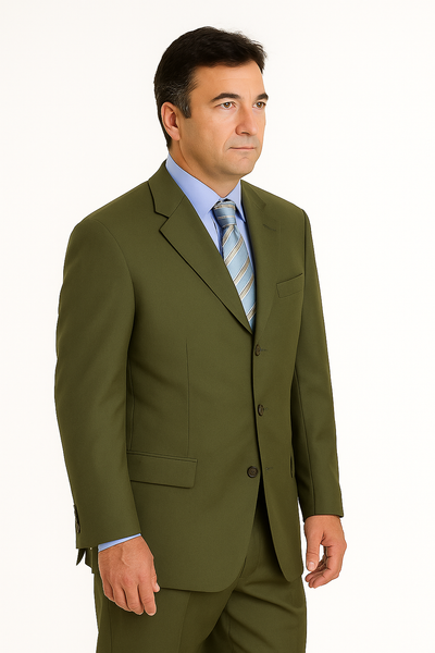 Forest Olive Green Men's Busines Cheap Priced Business Suits Clearance Sale In Super 130'S Marina Wool Available In 2 Or 3 Buttons Style Regular Classic Cut