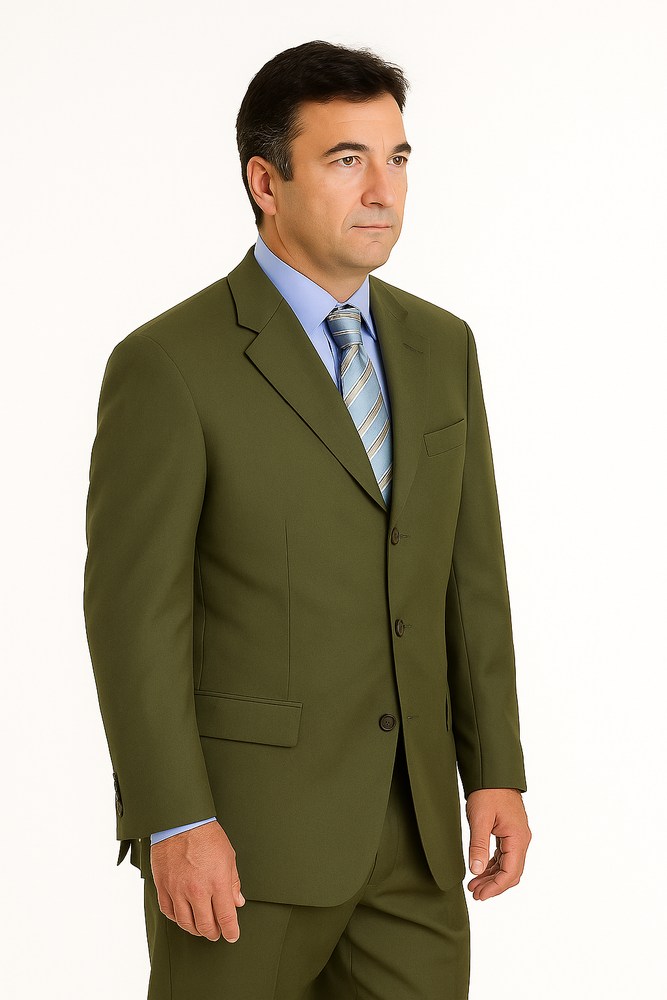 Forest Olive Green Men's Busines Cheap Priced Business Suits Clearance Sale In Super 130'S Marina Wool Available In 2 Or 3 Buttons Style Regular Classic Cut