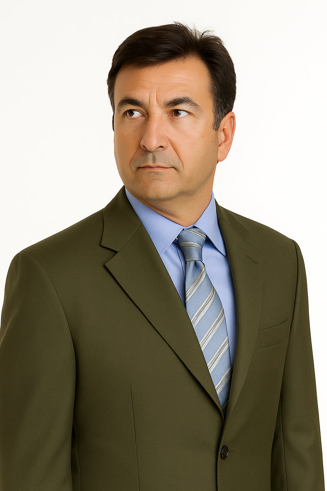 Forest Olive Green Men's Busines Cheap Priced Business Suits Clearance Sale In Super 130'S Marina Wool Available In 2 Or 3 Buttons Style Regular Classic Cut