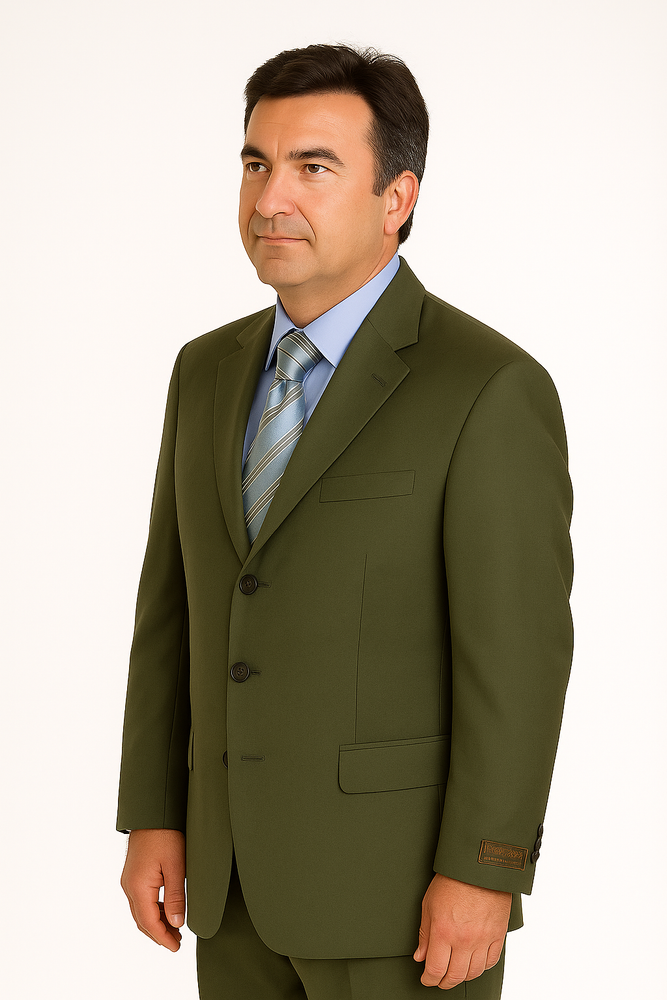 Forest Olive Green Men's Busines Cheap Priced Business Suits Clearance Sale In Super 130'S Marina Wool Available In 2 Or 3 Buttons Style Regular Classic Cut