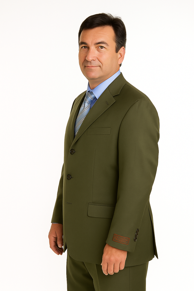Forest Olive Green Men's Busines Cheap Priced Business Suits Clearance Sale In Super 130'S Marina Wool Available In 2 Or 3 Buttons Style Regular Classic Cut