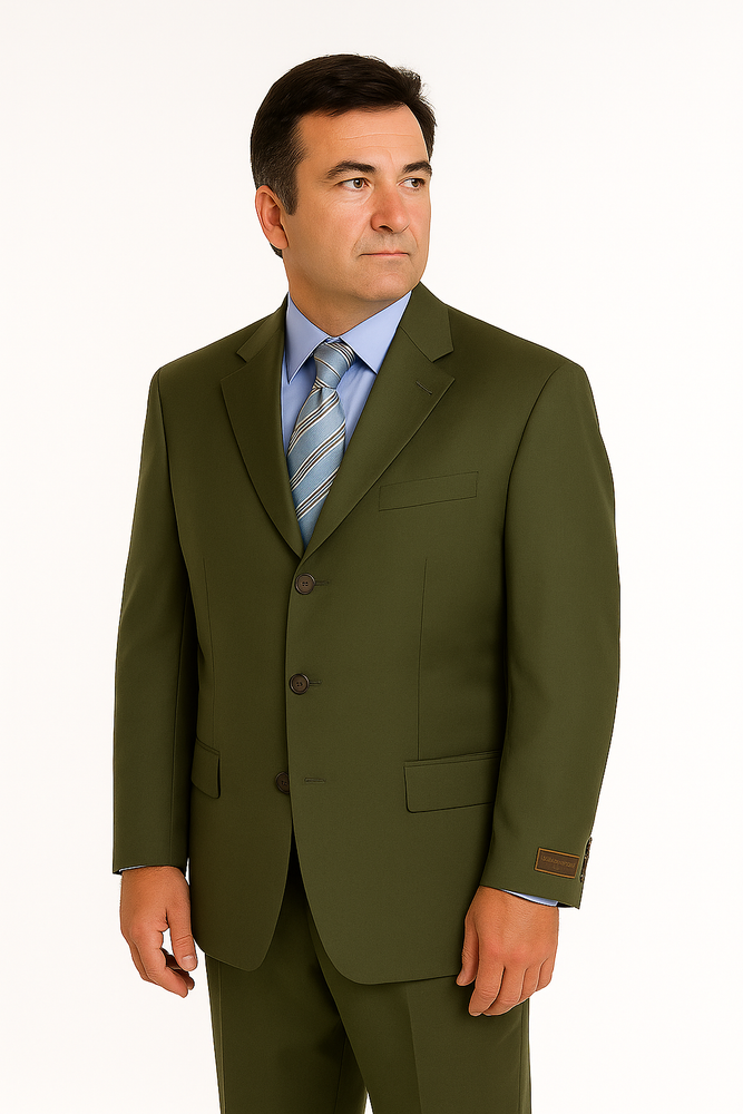Forest Olive Green Men's Busines Cheap Priced Business Suits Clearance Sale In Super 130'S Marina Wool Available In 2 Or 3 Buttons Style Regular Classic Cut