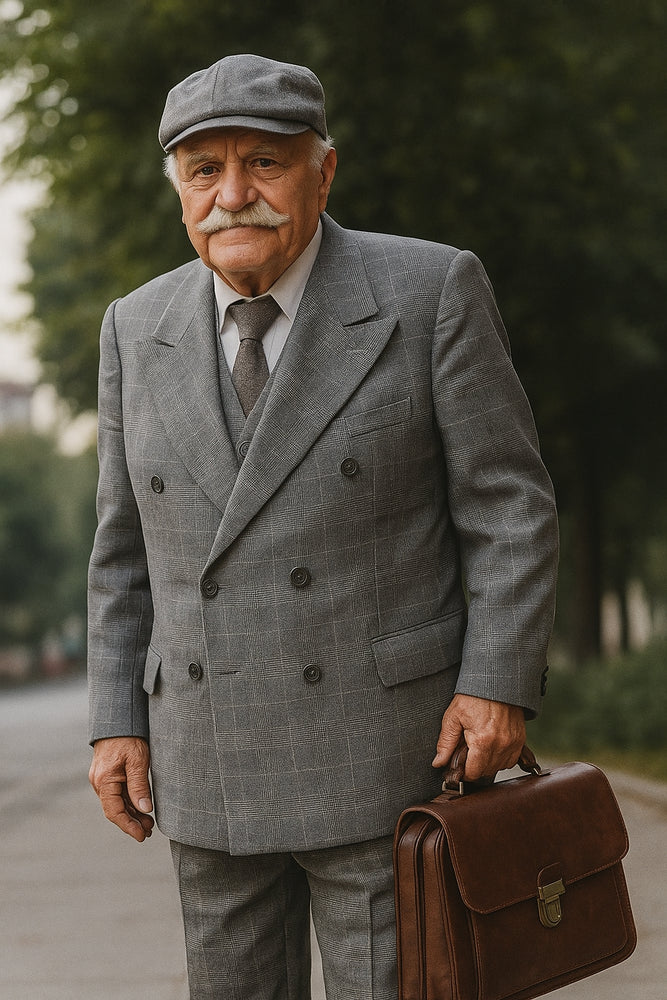 Mens Gray ~ Grey Window Pane Double Breasted Suits Tween houndstooth checkered Glen Plaid Suit - Black And White Checkered Suit