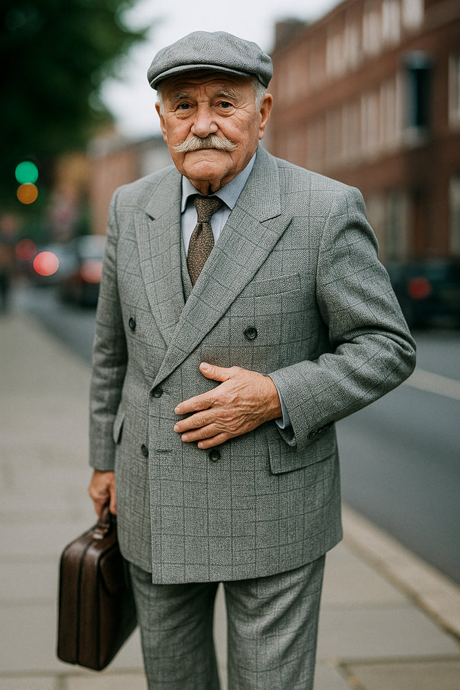 Mens Gray ~ Grey Window Pane Double Breasted Suits Tween houndstooth checkered Glen Plaid Suit - Black And White Checkered Suit
