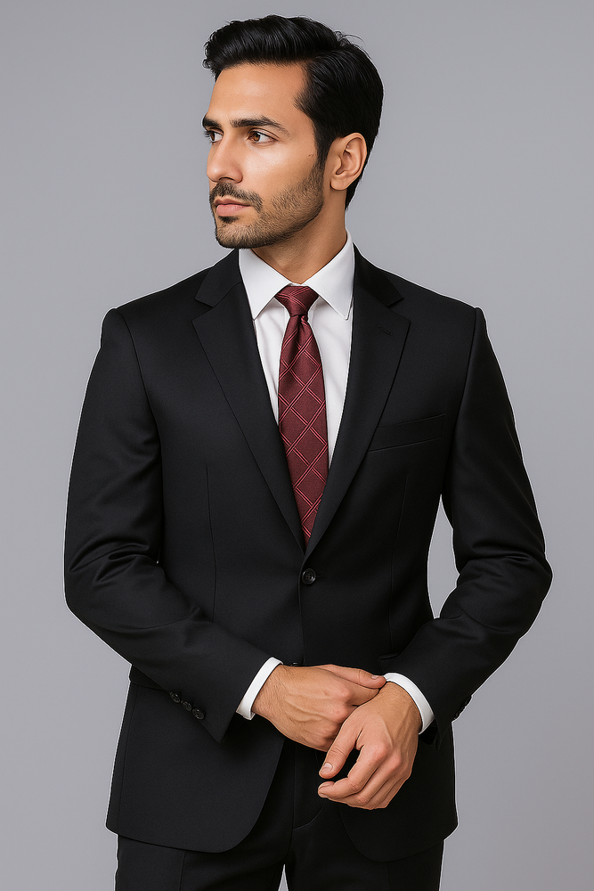 Authentic Alberto Nardoni Brand Hand Pick Stitching Men's 2 Button Solid Black Wool Suit With Flat Front Pants