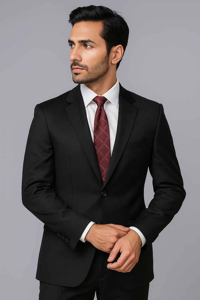 Authentic Alberto Nardoni Brand Hand Pick Stitching Men's 2 Button Solid Black Wool Suit With Flat Front Pants