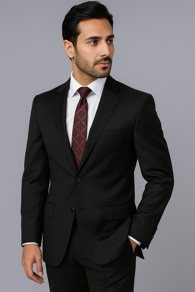 Authentic Alberto Nardoni Brand Hand Pick Stitching Men's 2 Button Solid Black Wool Suit With Flat Front Pants